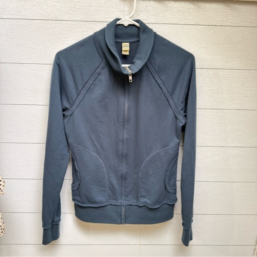 Kavio Fitted Full Zip Mock Neck Jacket Teal Blue Cotton Athleisure Size M